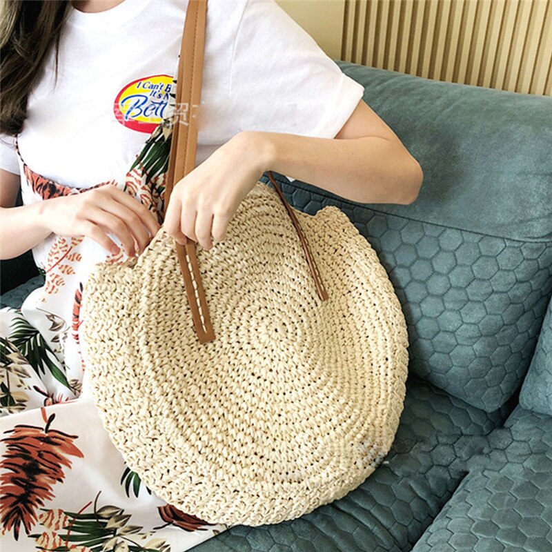 Fresh Pastoral Style Women Casual Large Capacity Solid Round Circular Rattan Wicker Straw Woven Crossbody Beach Bag Basket
