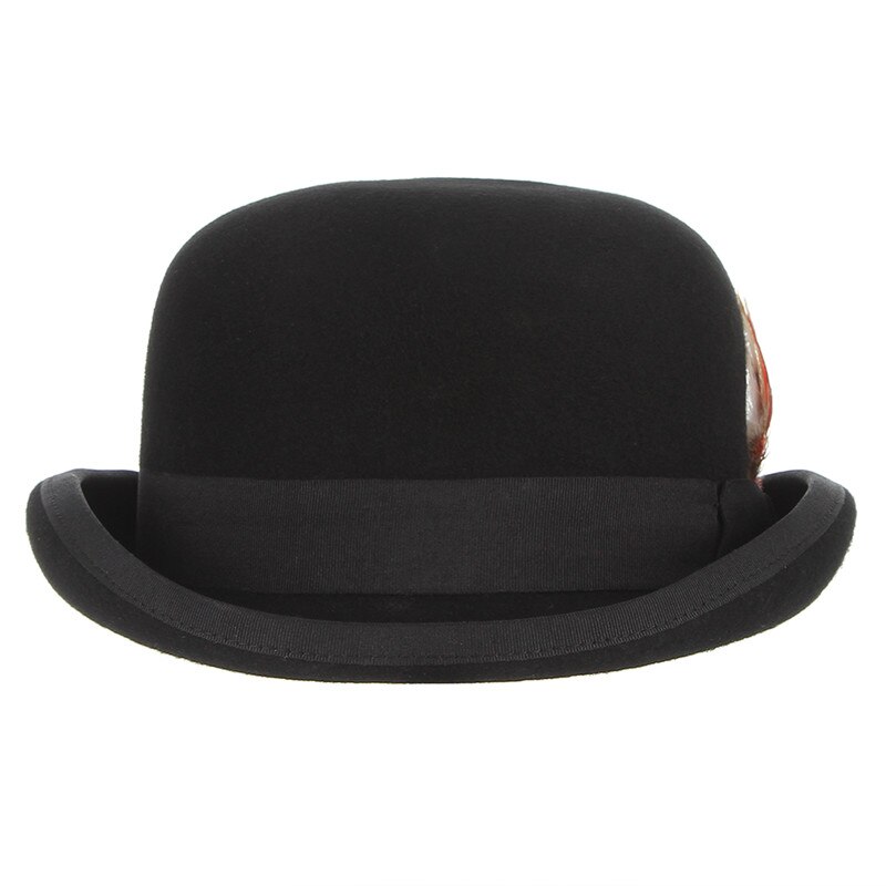 Gemvie 4 størrelser 100%  uldfilt sort derby bowler hat til mænd kvinder fjer satin foring afslappet formel fedora