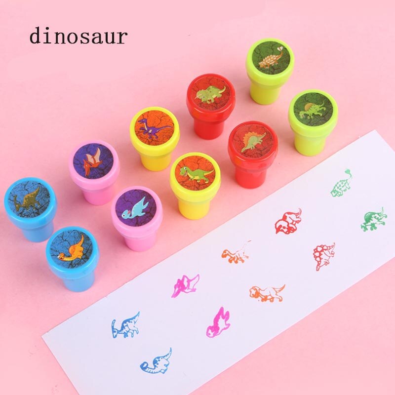 10 st/set tecknad rund stämpelleksaker djur frukt leende barn säl skollärare tillbehör gör-det-själv stamper konst leksak: 10 st dinosaurier
