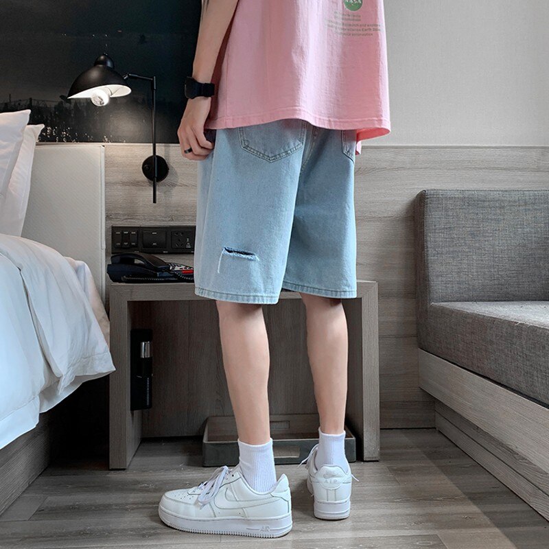 Summer Men&#39;s Ripped Hole Jeans Shorts Blue Casual Knee-length Denim Short Pants Cotton Washed Classic Bermuda Shorts Male