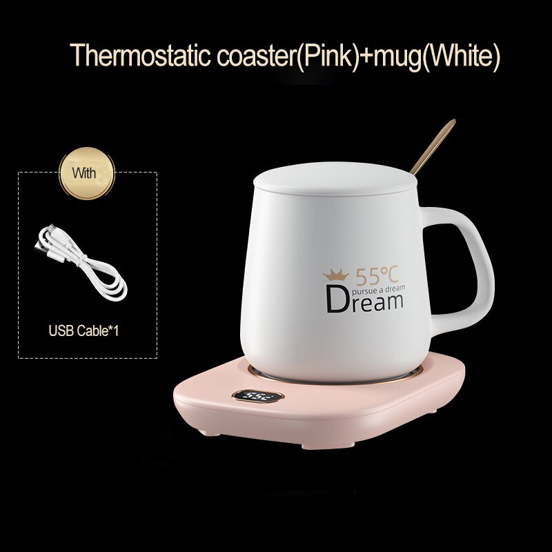 Smart Coffee Mug Cup Warmer Heating Coasters USB Charging Milk Tea Water Constant-temperatures Mug Set For Home Heating Mugs Pad: Pink with White Set