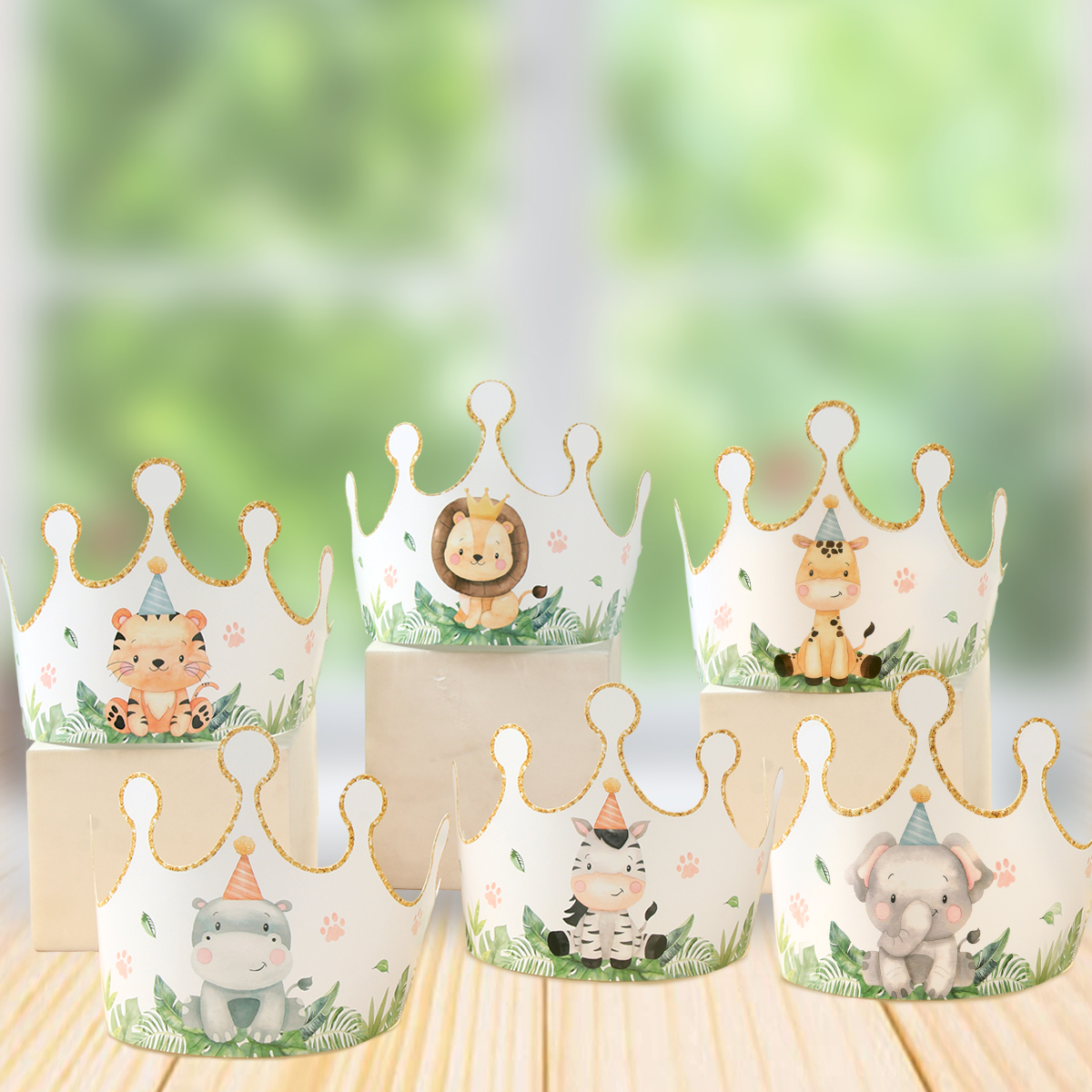 6pcs Cartoon Jungle Animal Party Paper Caps Crown Party Hats For Kids Wild One Birthday Party Woodland Baby Shower Supplies