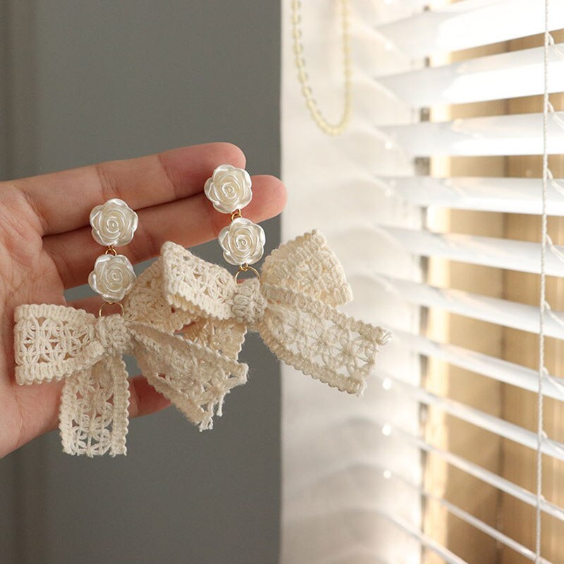 Bloem Boog 2022 Sieraden Koreaanse Zoete Witte Strik Vrouwen Oorbellen Zoete Stof Kant Boog Oorbellen Sieraden