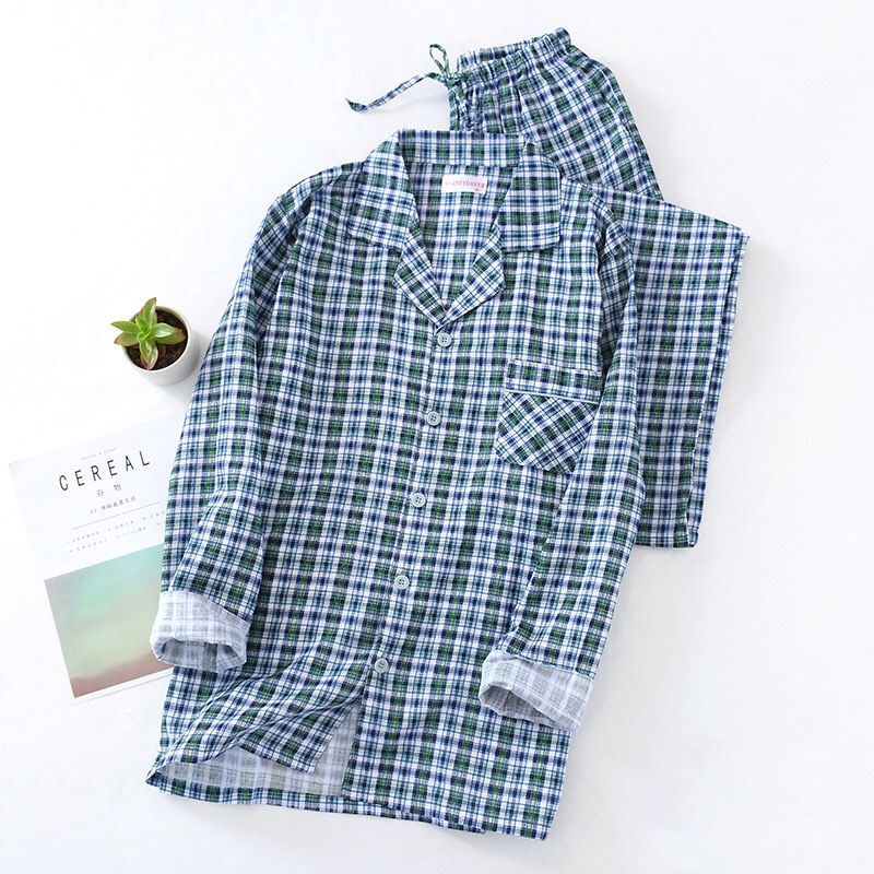 Pijamas de algodón a cuadros para hombre, ropa de dormir cómoda, holgada, informal, para el hogar, primavera y otoño: Blue-green Plaid / XXXL