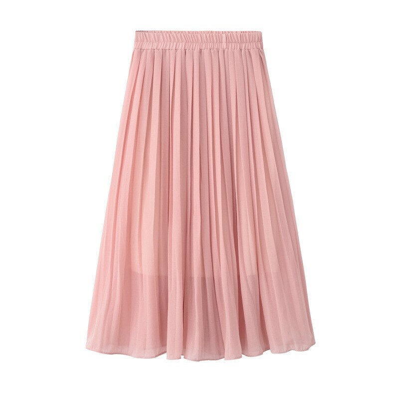Spring and Summer Skirt College Wind High Waist Chiffon Pleated Skirt Elastic Waist Pleated Midi Long Skirt