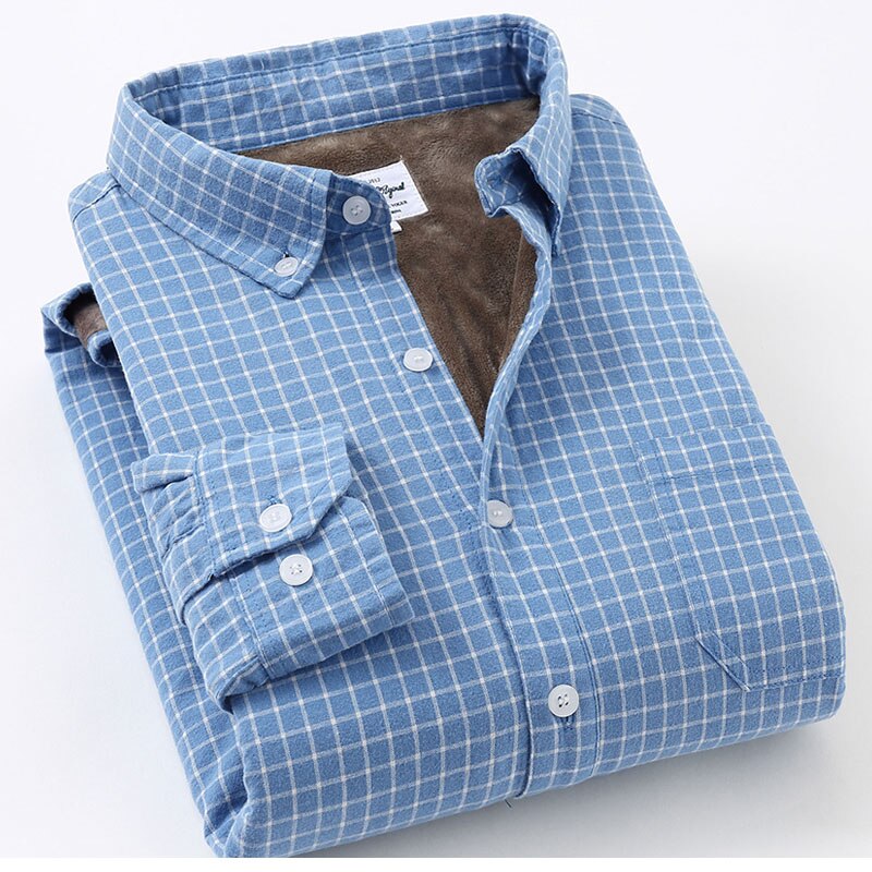 Schinteon mænd vinter varm skjorte 100%  slibende bomuld fløjl foer flannel bund plaid skjorte s -4xl top: Blå / Xxl (asiatisk størrelse)