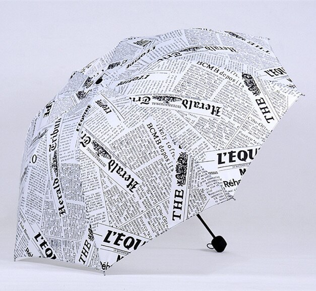 Oil Painting Newspaper Pattern Rain Umbrella Windproof Travel Men Umbrella Three Folding Metal Compact Women Umbrella: White