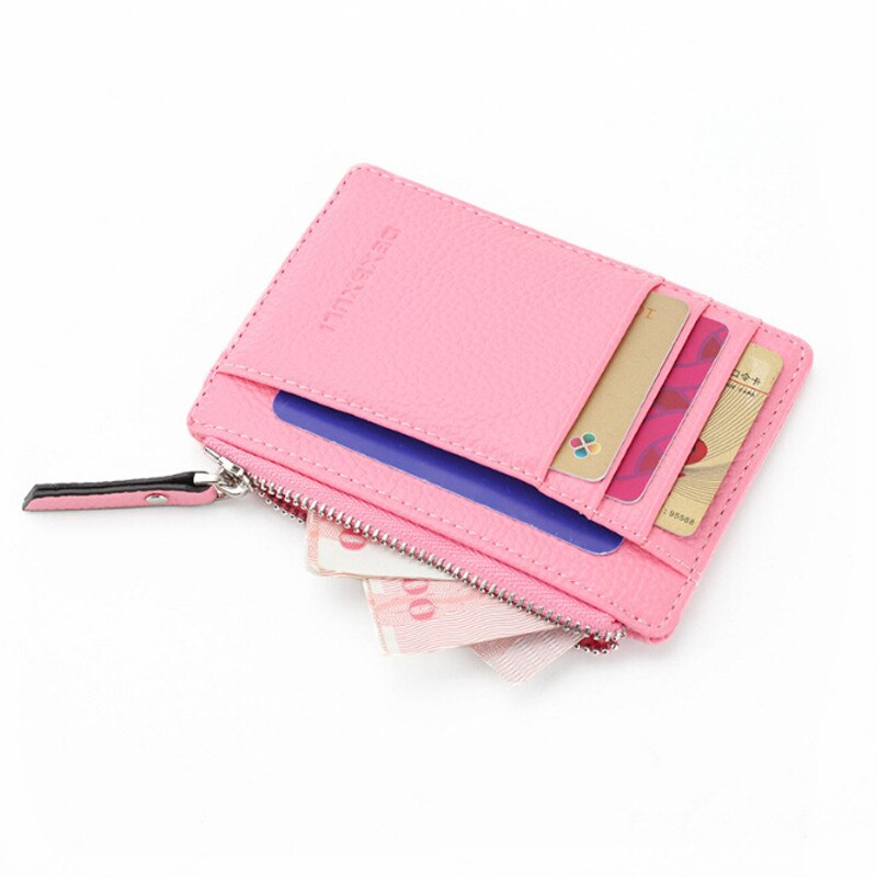 Brieftasche Mini PU Leder Karte Halter Card Slots Geldbörse Kleine Männer Brieftasche Frauen Zipper Münzfach Ultra Dünne Brieftasche: Pink