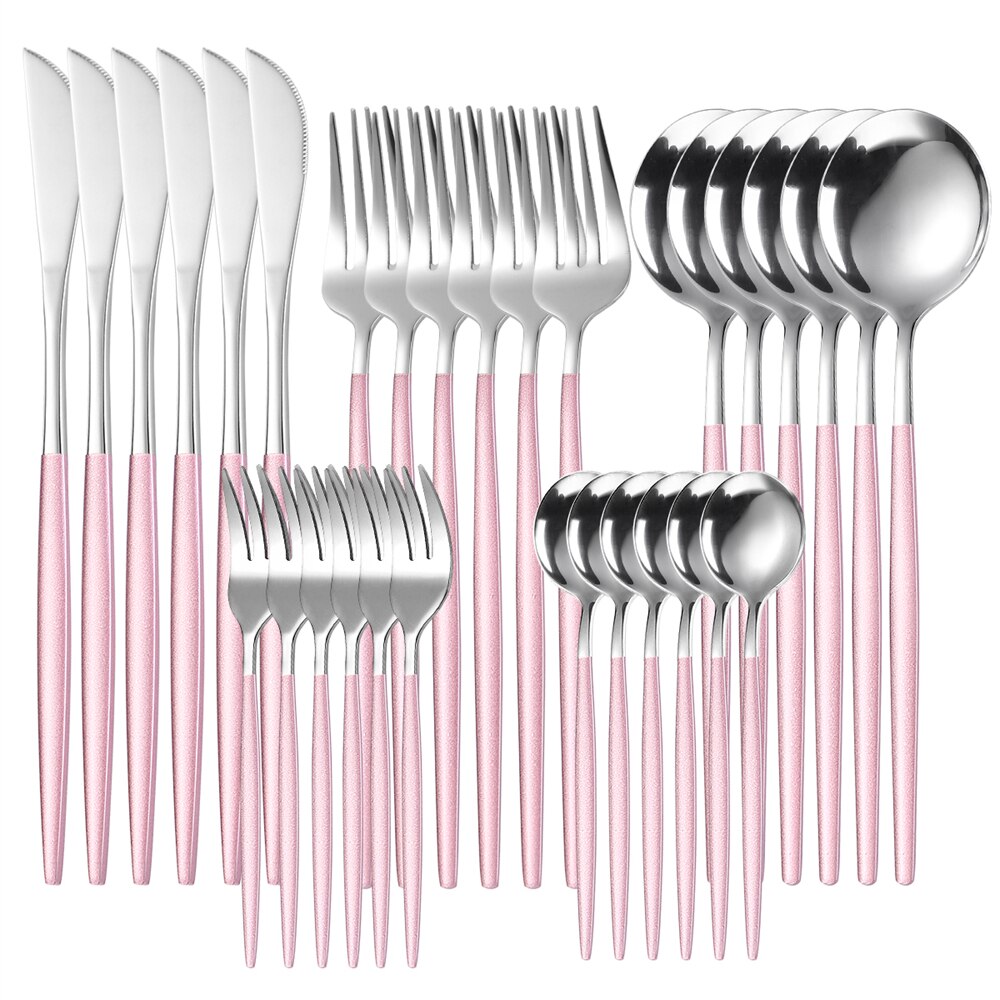 Couverts en acier inoxydable, 30 pièces, service de table en or, vaisselle en acier inoxydable, fourchette en or, cuillère couteau, service d'argenterie de luxe pour Banquet: 30Pcs Pink Silver