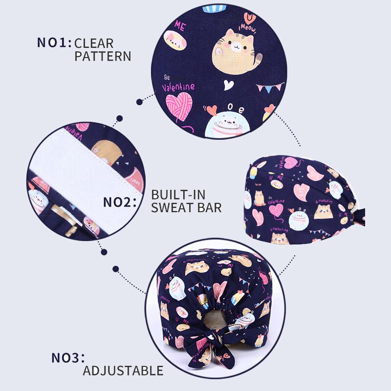 Cartoon print verpleegster dokter operatie muts laboratorium dierenwinkel ademend zweetabsorberend verpleegkundige muts chef-kok schoonheidssalon kalebas muts