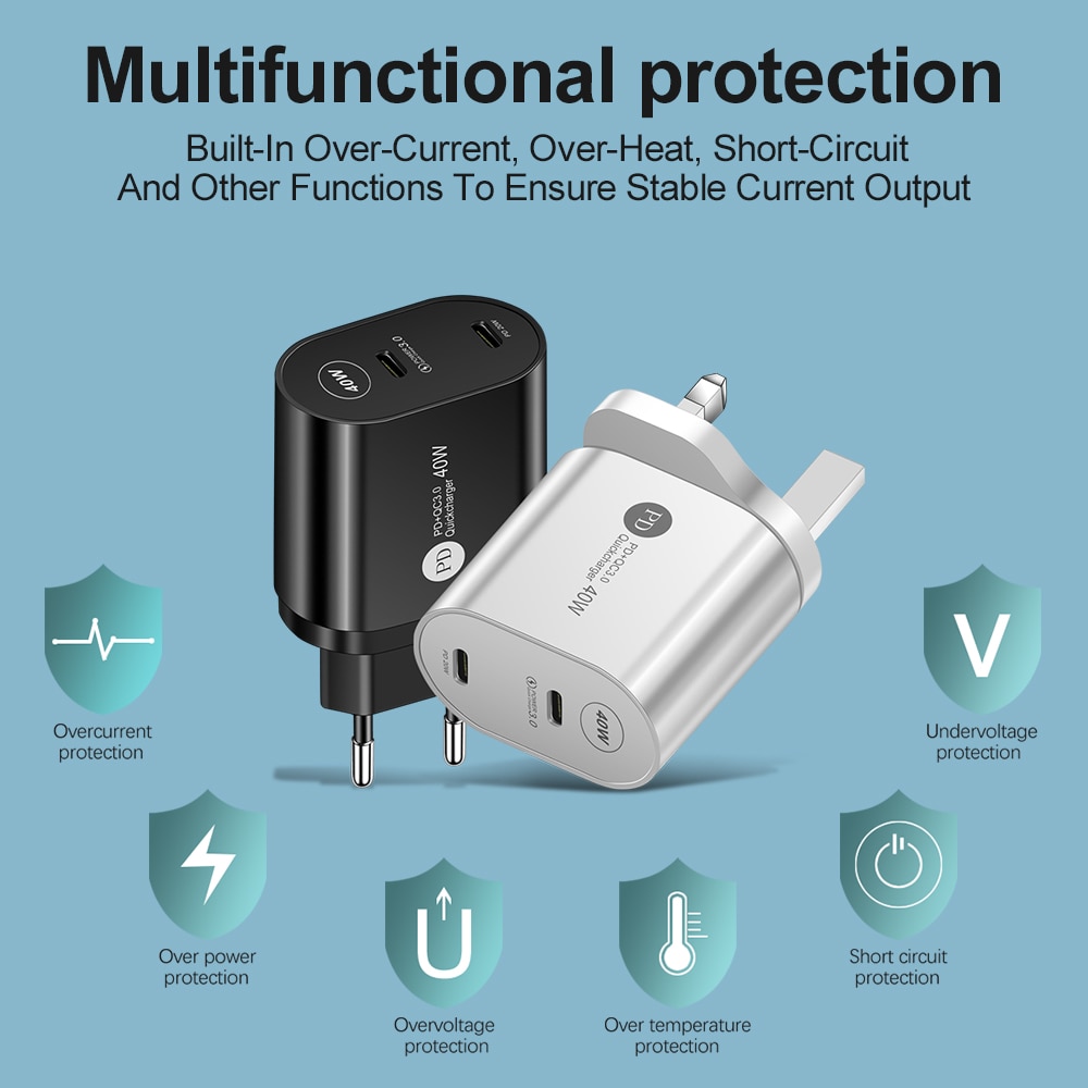 Mini chargeur USB type-c 40W Double PD PD 3.0, adaptateur rapide ue/US/royaume-uni pour téléphone iPhone 13/12 Pro Max, Huawei, Xiaomi et Samsung
