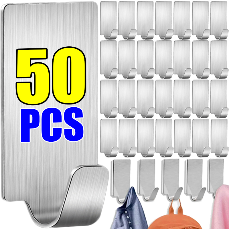 50/1x Mini gancho autoadhesivo de acero inoxidable, ganchos para colgar en la pared de alta resistencia, estante de almacenamiento de toallas y ropa para baño, organizador de cocina
