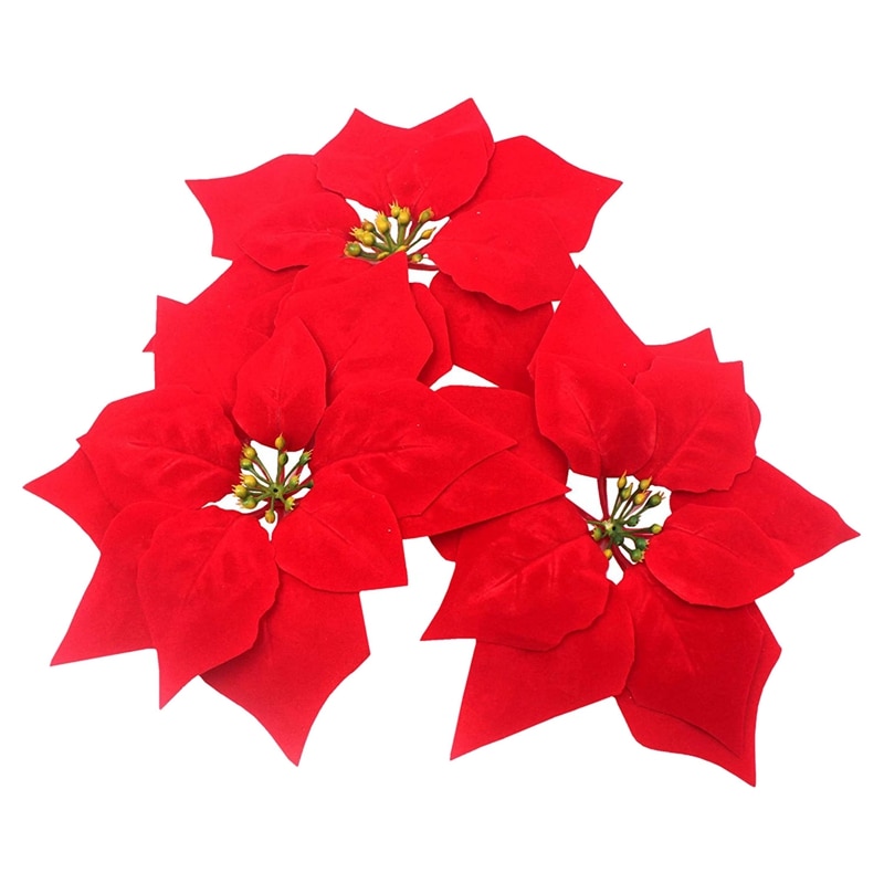 Kunstige juleblomster rød fløjl julestjerne blomstermotiver til julekrans træpynt (24 stk / rød)