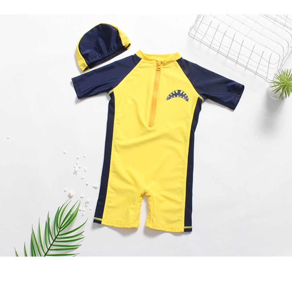 Cool Baby Swimwear Children Kids Sleeve Cartoon Shark Beach One Piece Swimsuit+Hat Swimwear Set Swimsuit for children