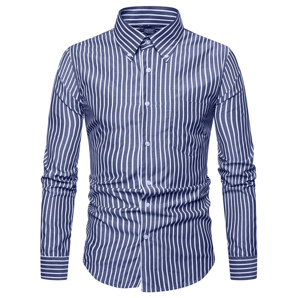 SWAGWHAT Men Shirt Male Dress Shirts Striped Men's Casual Long Sleeve Business Formal Shirt Camisa Social Shirts for Men: Navy / XL