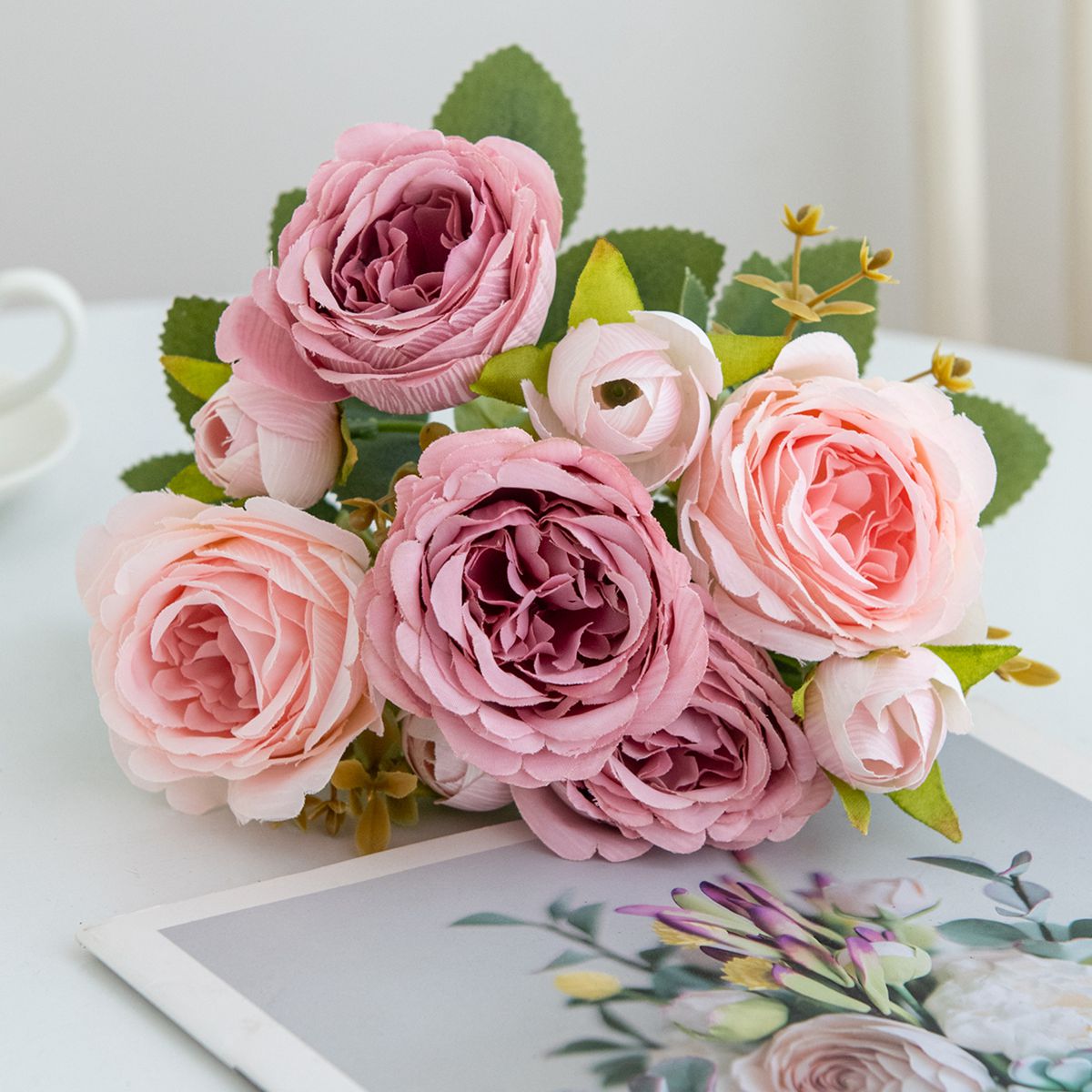 Konstgjord blomma växt pion gör-det-själv jul hem festival fest utomhus trädgård bågdekor bröllop brudbukett: Ljusrosa