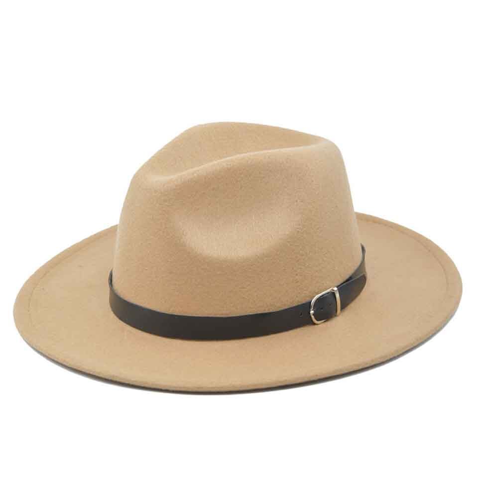 Klassieke Britse Fedora Hoed Brede Rand 8Cm Mannen Vrouwen Imitatie Wollen Winter Vilten Hoeden Mode Jazz Hoed Met Zwarte lederen Gesp: C0200-65