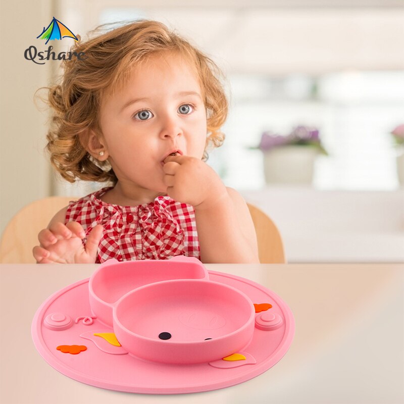 Qshare Baby Feeding Learning Bowl Cute Pig Silicone Suction Plate Placemat Kids Feeding Dinnerware Baby Food Dishes Pratos