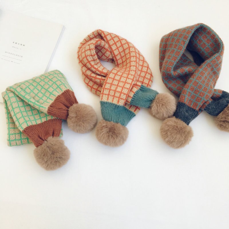 Écharpe tricotée à pompon en fausse fourrure pour enfants, écharpe d&#39;hiver à carreaux pour garçons et filles, cache-cou, accessoires pour bébés