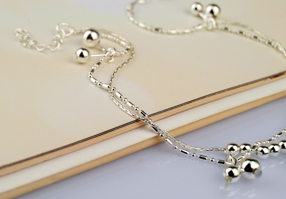 Doppelreihiges perlenketten-fußkettchen für damen, sommer-barfußsandalen, 925 silberne armbänder, boho-strand-fußschmuck