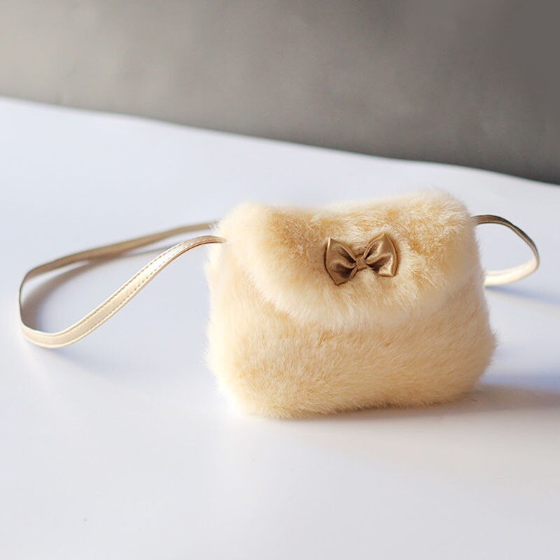 Brand Baby Meisjes Harige Nu Tassen Harte Kinderen Cross Body Mini Purse Strik Kunstmatige Bont Tas Kids Verjaardag: white Gold