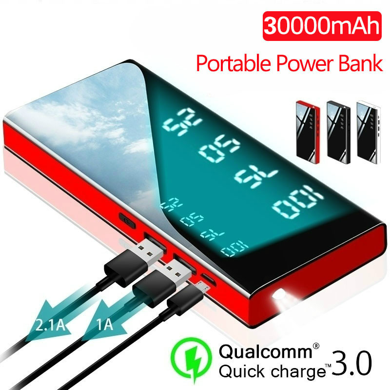 30000 Mah Spiegel Power Bank Batterij Oplader Lcd Dual Usb Power Bank Voor Xiaomi Iphone X 8 7 6 S huawei P20 Lite