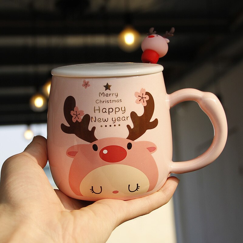 Creatieve Drinkwater Mok Mooie Koffie Mok Met Cover & Lepel Keramische Mokken Vrolijk Kerstfeest Mok: DESIGN B