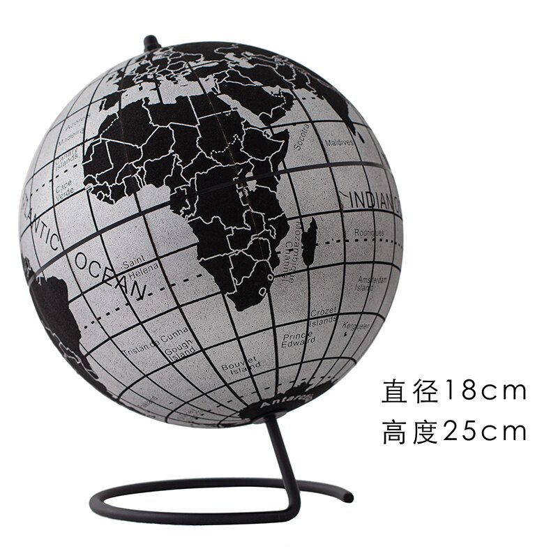 15/18/21/25Cm Engels Kurk Globe Geografie Onderwijs Levert Creatieve Meubels Eenvoudige Decoratie Fotografie Decoratie props: 18cm silver black