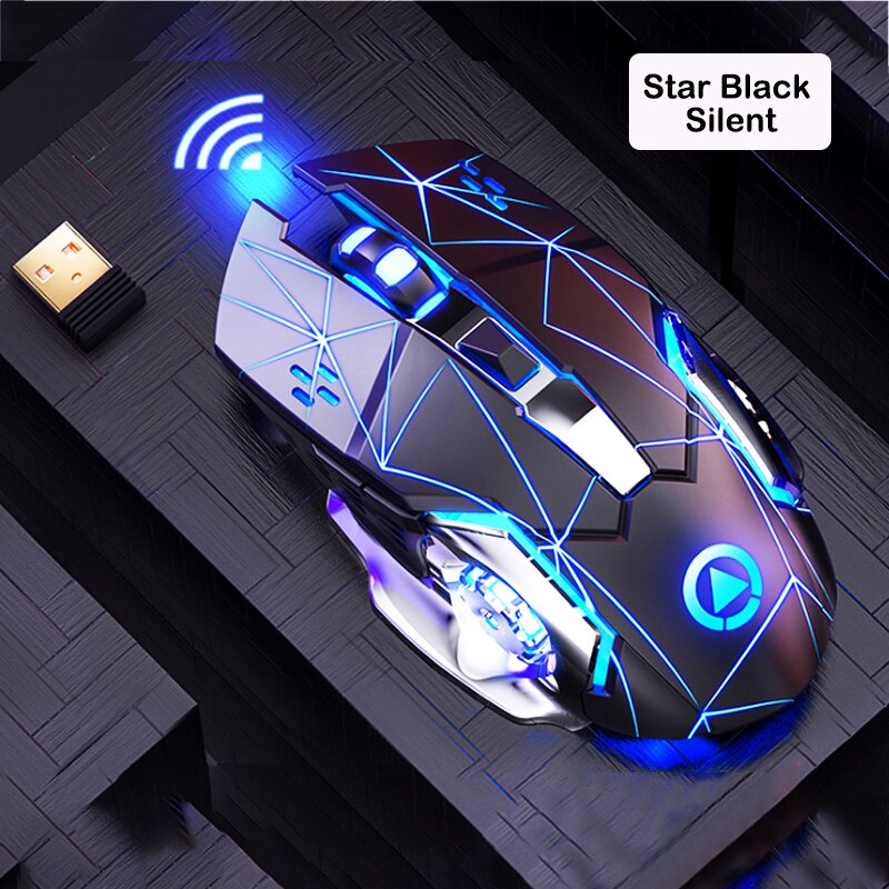 2.4G Wireless Gaming Mouse 1600 DPI LED Rechargeable Adjustable Gamer Silent mouse Mute Gamer Mouse Game Mice For PC Laptop: Star black