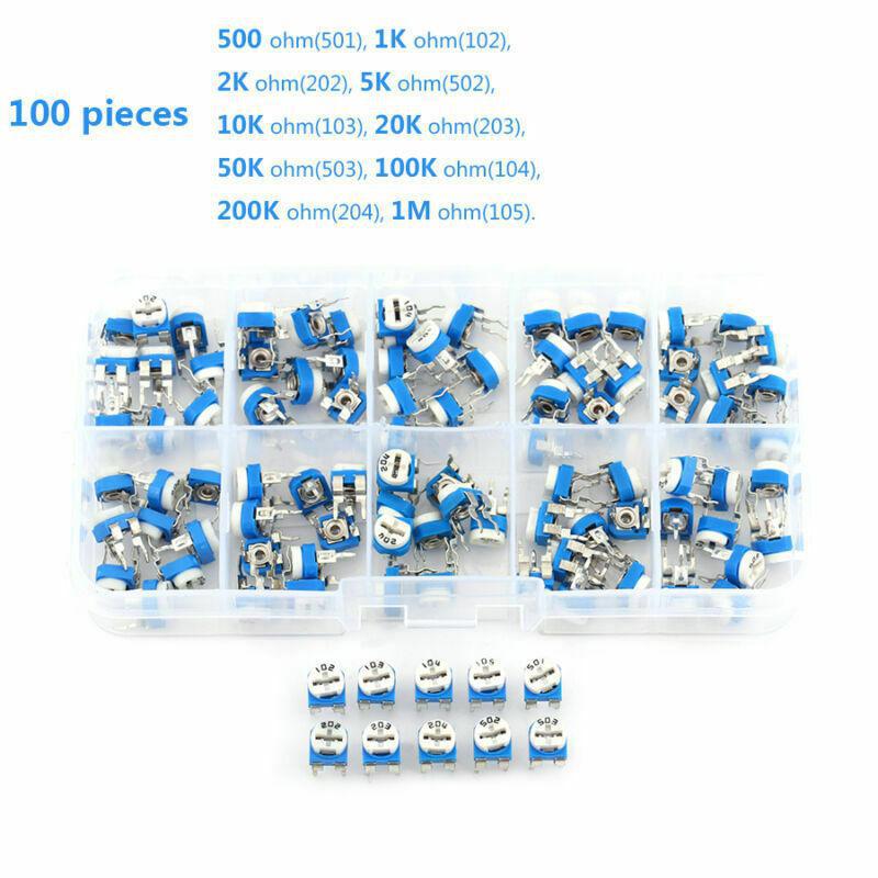 100pcs 10 Value Potentiometer Trimpot Variable Resistor Assortment Box Kit RM065