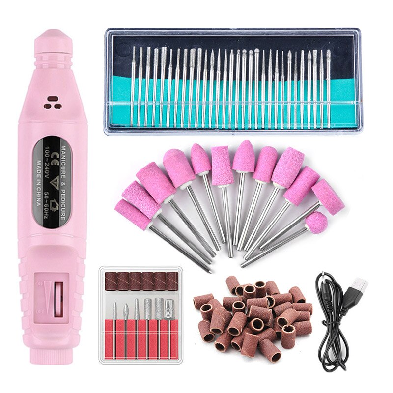 1 set elektrische nagelboormachine, pedicure nagelboorbits, keramische freesjes voor manicure-apparatuur, nagelkunstgereedschap: Roze set 2