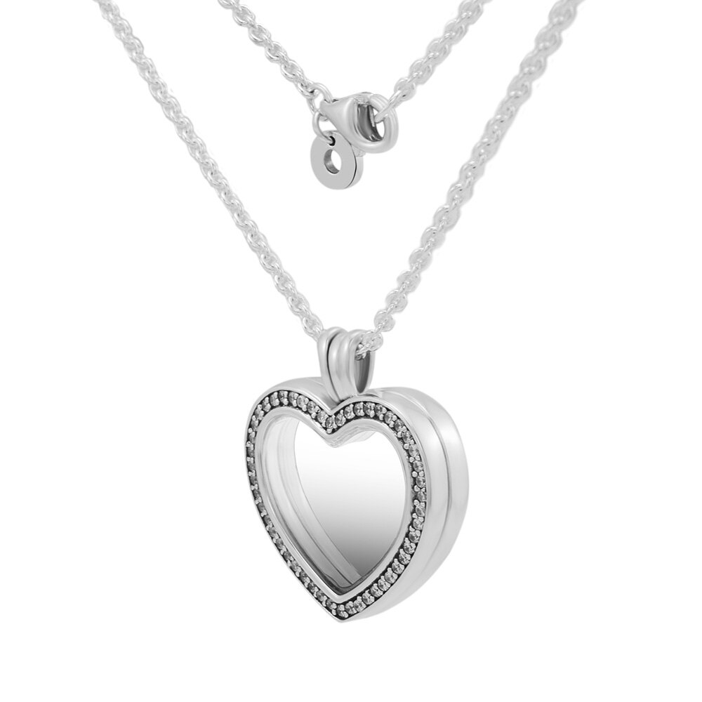 FANDOLA 100% 925 Sterling Silver Jewelry Sparkling Floating Heart Locket Necklace with Pendant Necklaces for Women N069