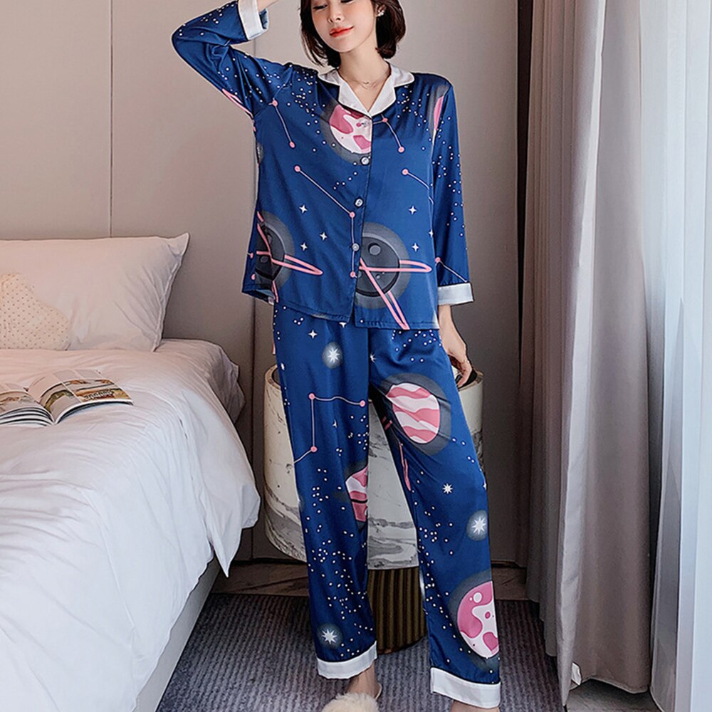 ChunShang Pajamas Women Summer Thin Ice And Snow Silk Long-Sleeved Two-Piece Letter Home Service Suit