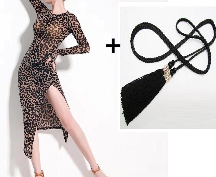 Leopard High Split Latin Dance Dress For Salsa Costumes Tango Dance Costumes Women Latin Dress Dancing Clothes For Dancing: Leopard dress belt / S