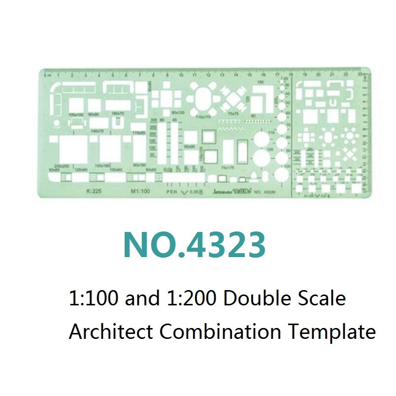 1:100 and 1:200 Double Scale Template Architect Combination Multi Stencil Symbols Technical Drafting Drawing No.4323/4324: No 4323