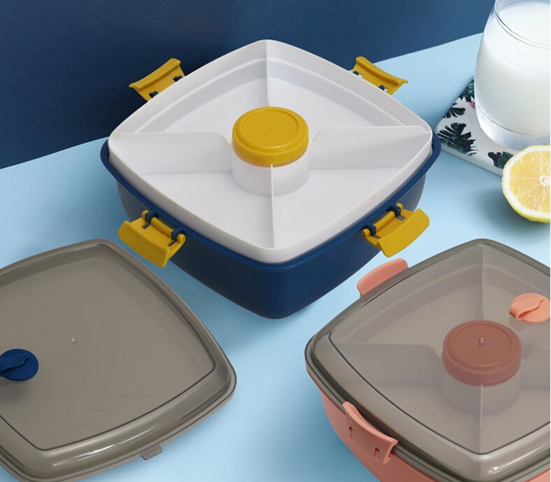 Bento Salad Lunch Container To Go, 1200ml Salad Bowls with Compartments, Salad Dressings Container for Salad Toppings, Snacks: Blue