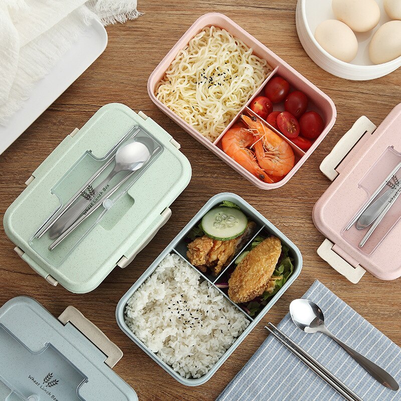 Microwave Lunch Box Wheat Straw Dinnerware with Spoon Chopsticks Food Storage Container Children Kids School Office Bento Box