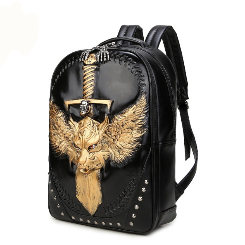 Rock style 3d ulv unisex rygsæk pu læder rygsæk vandtæt mænd kvinder taske skole drengetasker: Guld