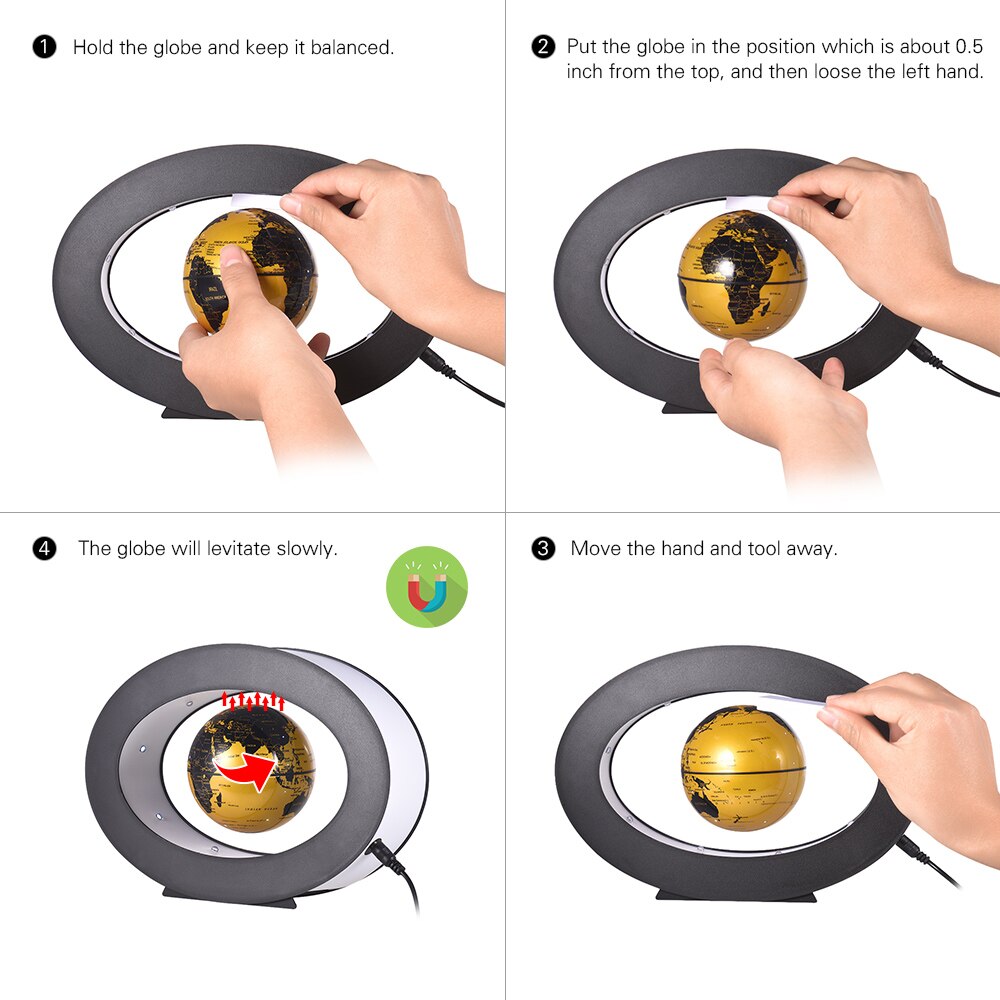 Globe de la terre en lévitation magnétique, 3 pouces, carte du monde avec lumière blanche LED, Base ovale, éducatif pour enfants, or