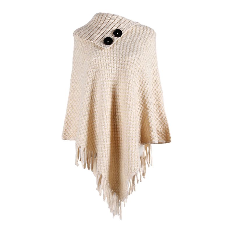 Women Knitted Pullover Sweater Top Half Opened Collar Buttons Warm Shawl Wrap Fringe Tassels Hem Solid Color Poncho Cape: Beige