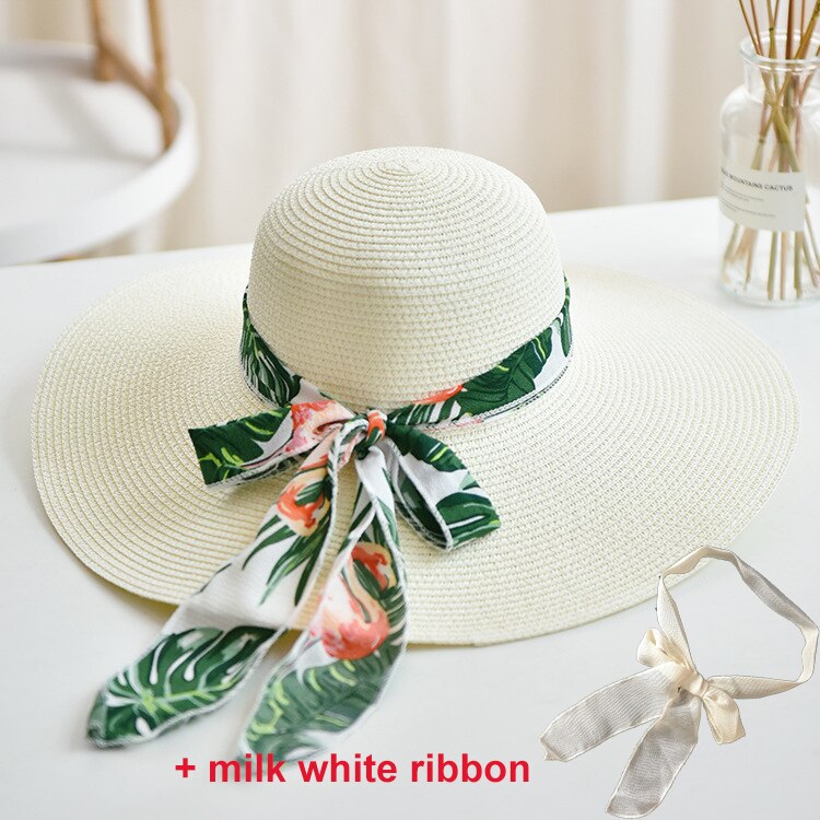 USPOP -chapeaux de soleil pour femmes, chapeau en paille, fait à la main, chapeau de plage à large bord, avec nœud papillon, ombre anti uv, été décontracté: Milk white 2