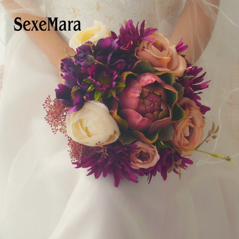 Sexemara lilla, grøn post kød plante bryllup buketter brud holder blomst vandfald hånd blomst bryllup buket