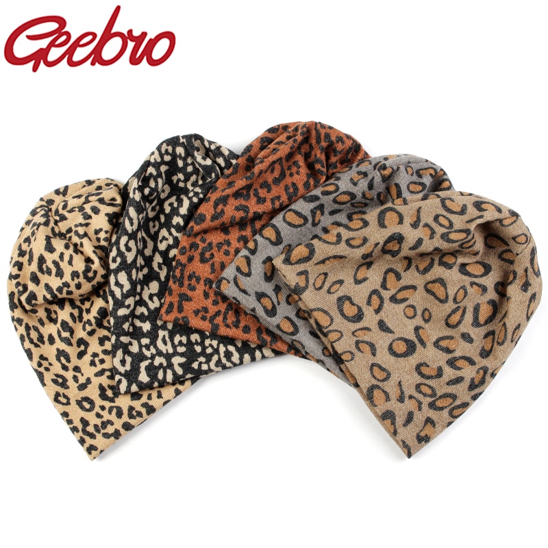Geebro dam mössa randig kvinnlig mössa skullies casual polyester bomull leopard halsduk keps höst vinter varma mössor