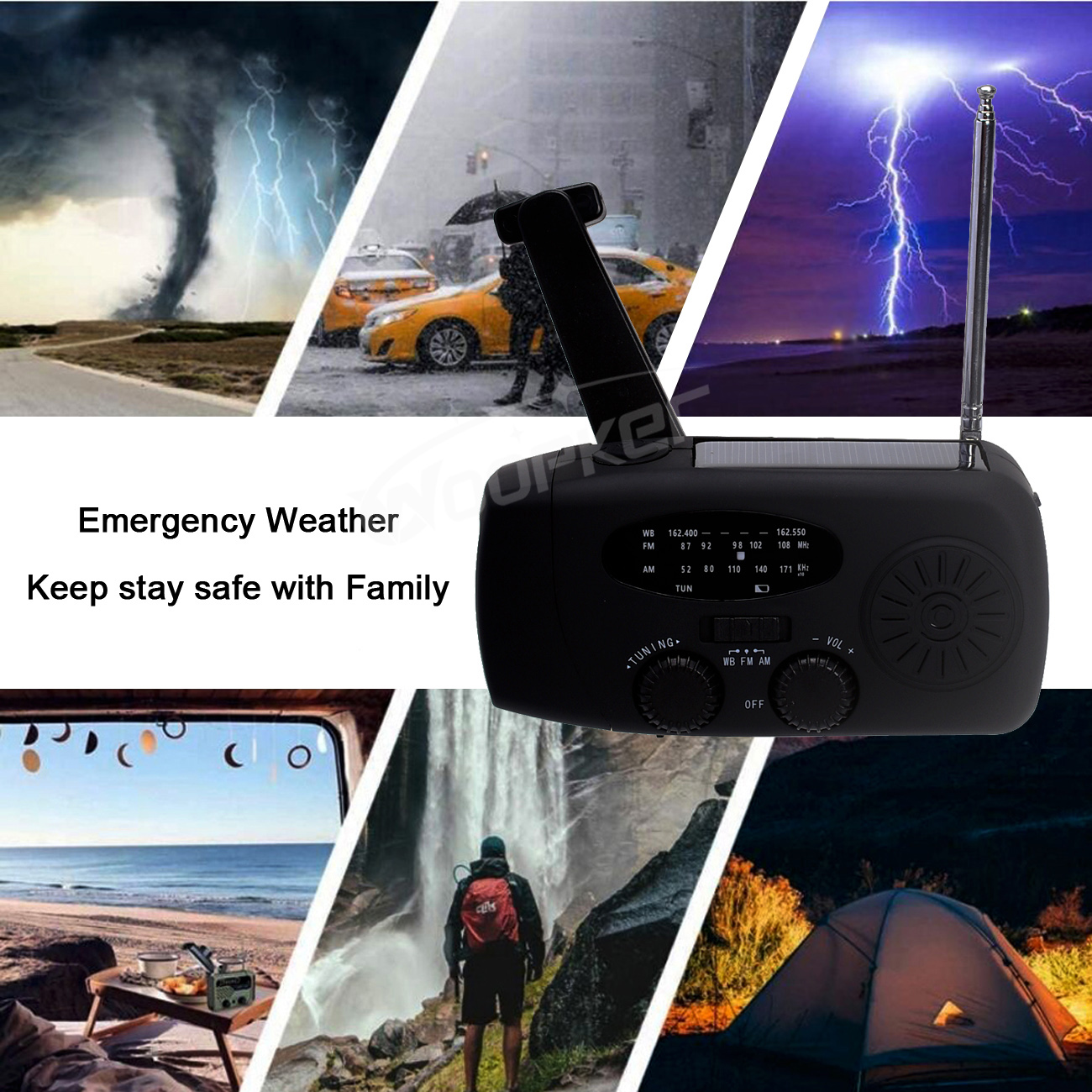 Radio WOOPKER E01 2000mA, generador de manivela manual de emergencia para exteriores, carga Solar portátil para teléfono móvil, Radio AM/FM multifuncional