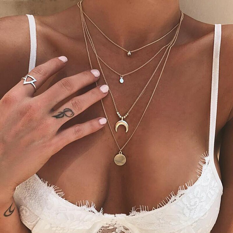 Collana del Choker Per Le Donne Dell'annata Boho Catena D'oro Collares Gioielli Terra Luna Rotonda Chic Layered Collane Pendenti Con Gemme E Perle Accessori: S7-Gold