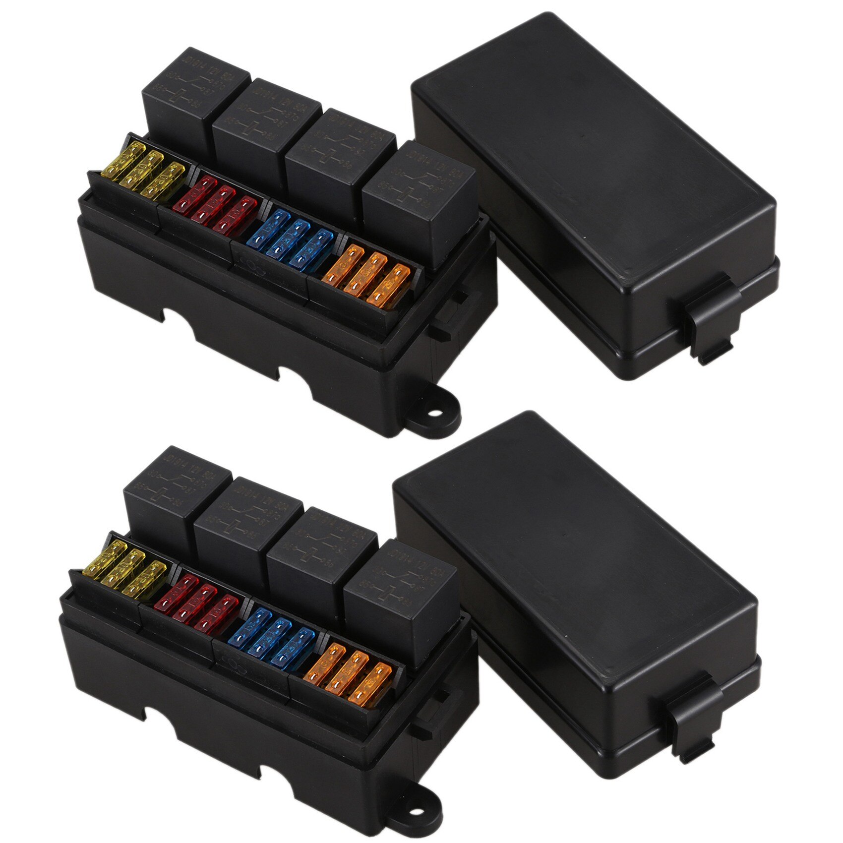 Caja portafusibles de hoja de 2x12 vías con terminales de pala y relés de fusible de 4 piezas y 4 pines de 12V 40A para coche, camión, remolque y barco: 2set