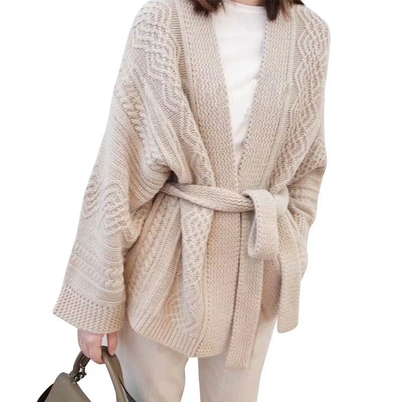 Kvinder varm strik cardigan kvindelig afslappet på kryds og tværs bælte skruet ned krave hvid sweater kvinder bomuldsstrik dame