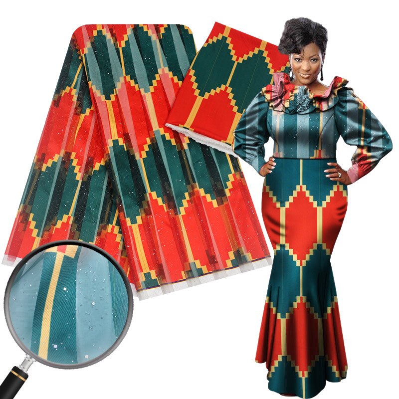 Nigéria ghana organza cetim tecido de seda impressão ancara cera africana 4 jardas + 2 metros chiffon seda para vestido YG812-2