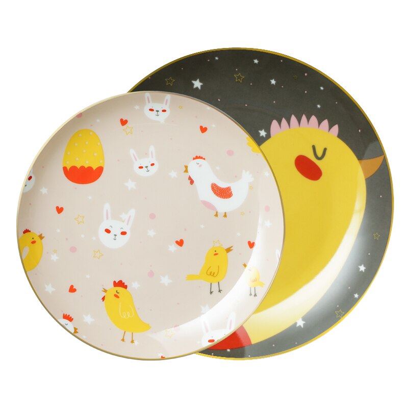 2pcs Ceramic Dinner Plate Cartoon Chicken Dinner Dishes Pasta Steak Dessert Plates Fine Bone China Kitchenware (21.6/18.2cm)