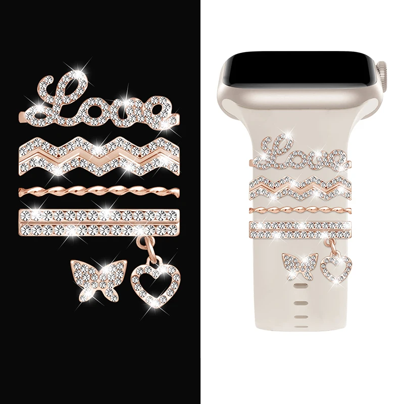 Anillo decorativo de correa de para Apple Watch, adorno de diamante, decoración de pulsera, dijes de Metal, accesorios de correa de silicona: Negro carbón